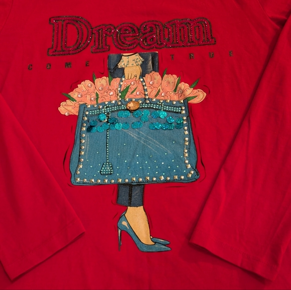 Rhinestone, sequin & beaded red T-shirt by Vinizbena - size L - Picture 3 of 10